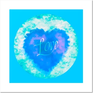 AQUA LOVE HEART CIRCLE, BLUE AND TURQUOISE, HANDWRITTEN WORD LOVE Posters and Art